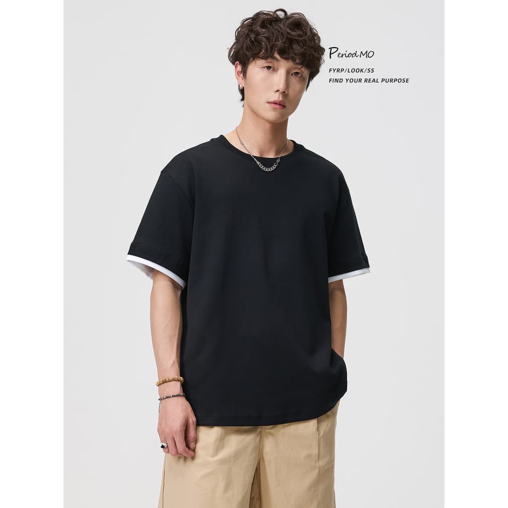 FYRP Momo Estilo Americano Contraste Cor Em Camadas Falso Duas Peças Em Torno Do Pescoço De Manga Curta Camiseta Homens