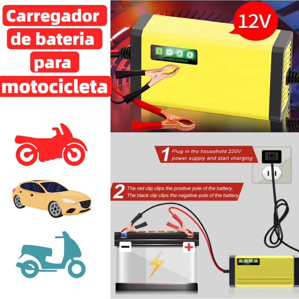 Carregador de bateria de motocicleta carregador de Bateria 12V, 2AH-30AH, com Display LED, para Carros e Motos Lay 12V