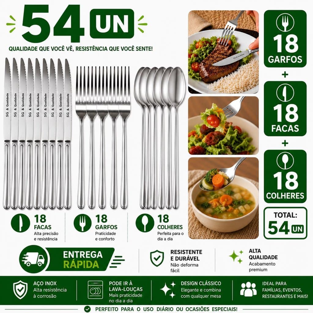 Kit 54 Talheres Garfo Faca Colher Aço Inox Talheres Premium Restaurante Hotel Buffet Mesa Posta