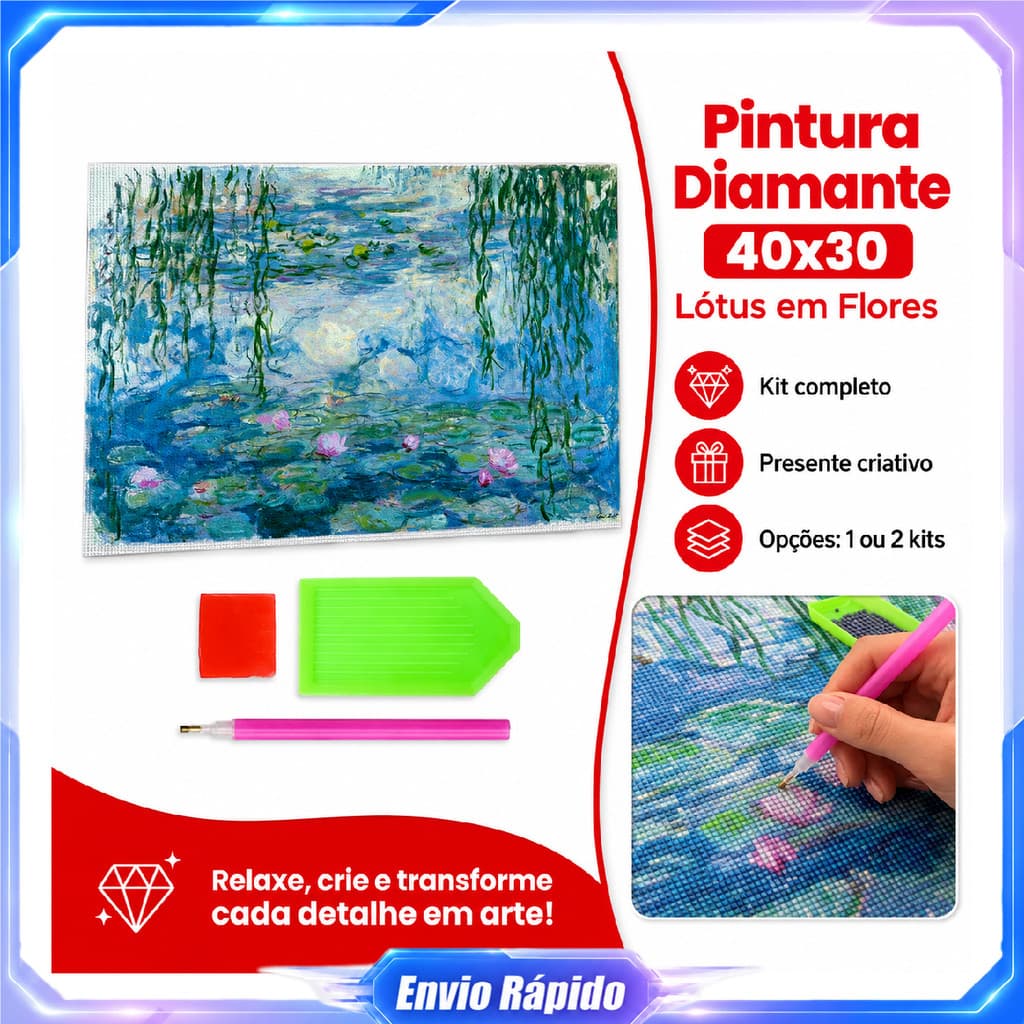 Kit pintura de diamante quadrado flor de lótus primavera DIY 40x30cm tela caneta bandeja e argila para artesanato manual