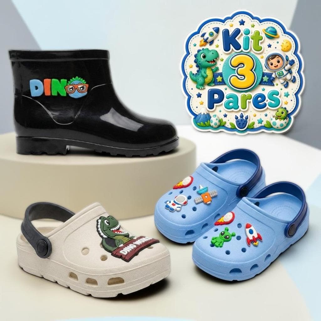 Kit 3 Pares Sandália Babuche Infantil Galocha Bota Menino Escolar Lançamento