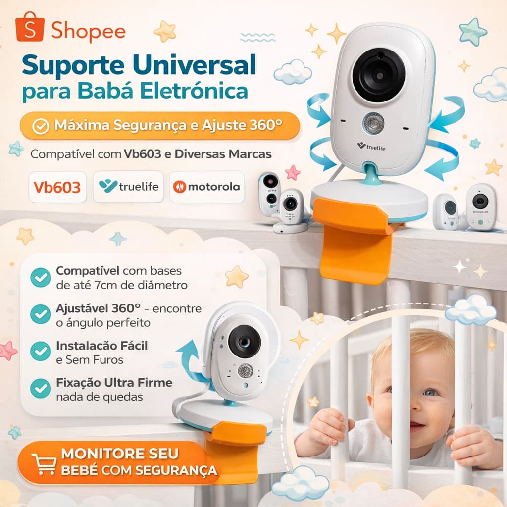 Suporte Babá Eletrônica para Berço Universal Ajustável 360° Vb603 Monitor Bebê Câmera Baby Monitor Sem Furo