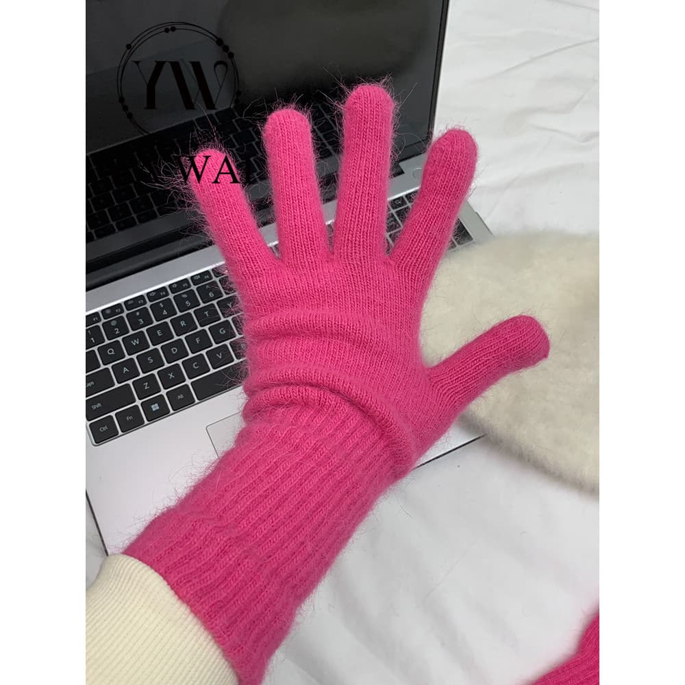 Luvas vermelhas inverno quente tela de toque luvas femininas pulseiras estendidas velo cinco dedos malha lã coelho Wo