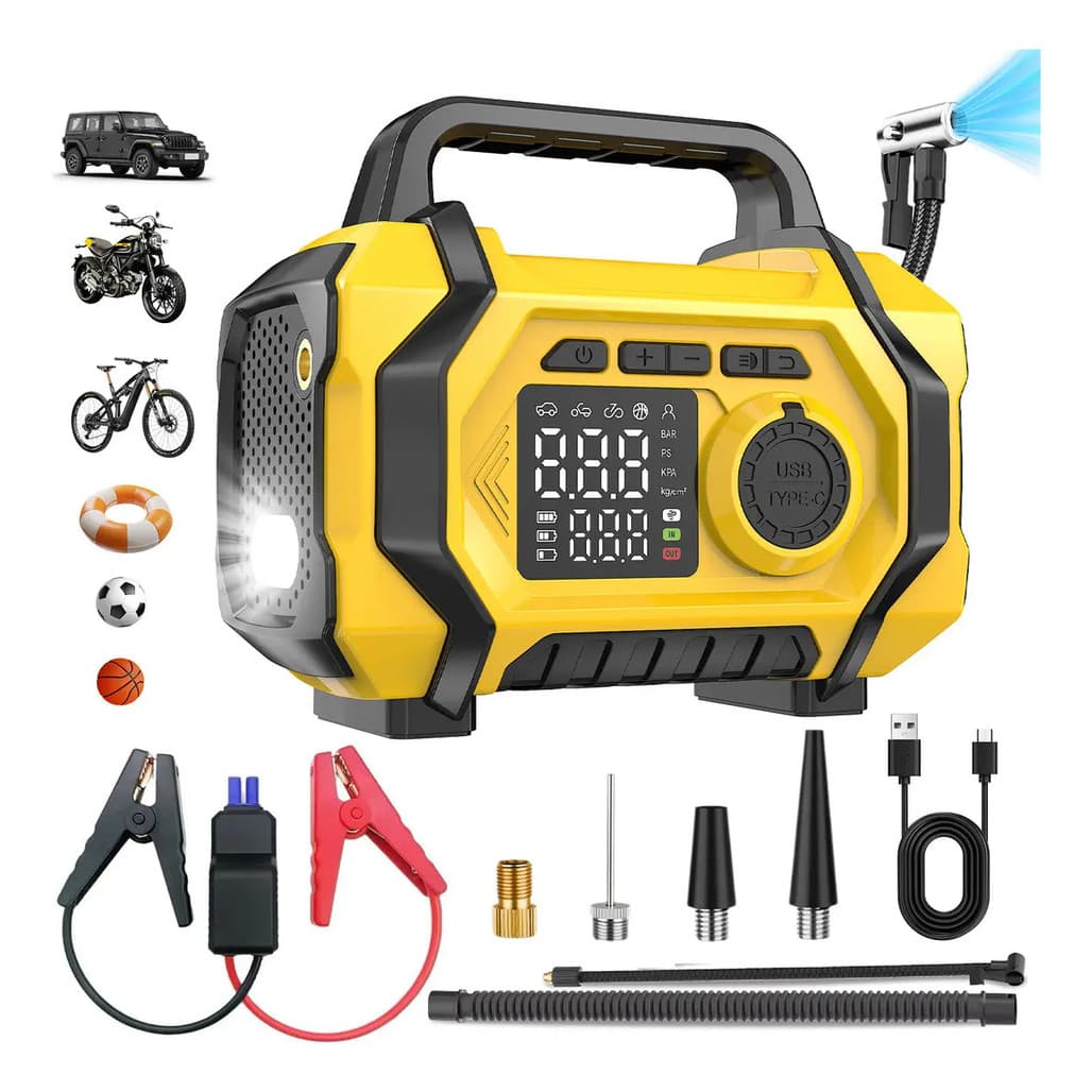 Auxiliar Partida Bateria Compressor Ar Portatil Com Soprador Start Potente E Infaveis Para Acampamentos E Emergencias