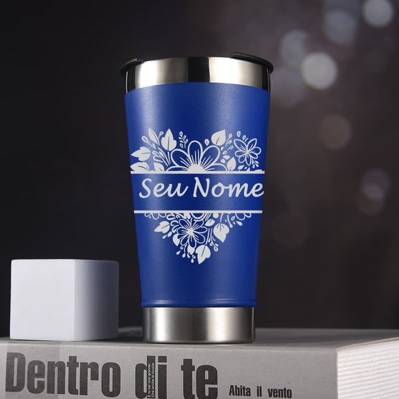 Copo termico personalizado nome floral copo com abridor de garrafa e copo tampa inox 473ml alta qualidade inquebrável