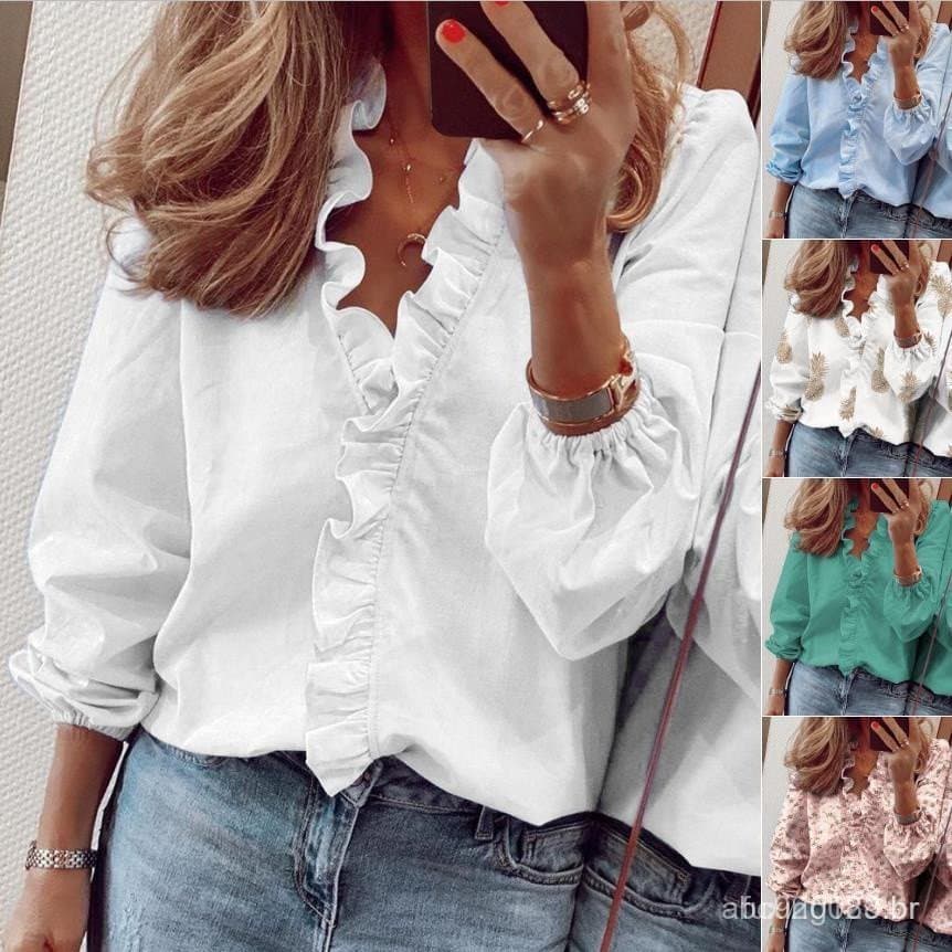 blusa Feminina Branca Com Babado/Manga Longa/Gola V/Casual/Liso/Plus Size Para Primavera/Outono