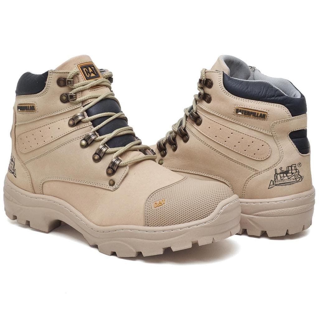 Bota Coturno Masculino Couro Costura Manual Estilo CAT Confortável Antiderrapante Cano Curto Casual