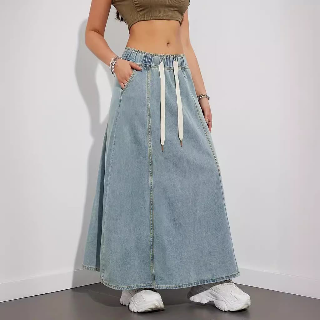 Fonte de comércio exterior transfronteiriça fábrica atacado Design cintura elástica cordão grande balanço saia jeans fem
