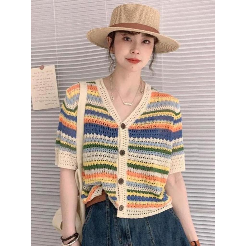 Cardigan de malha listrado colorido feminino vestido de verão 2026 novo estilo europeu feminino estilo ocidental curto e
