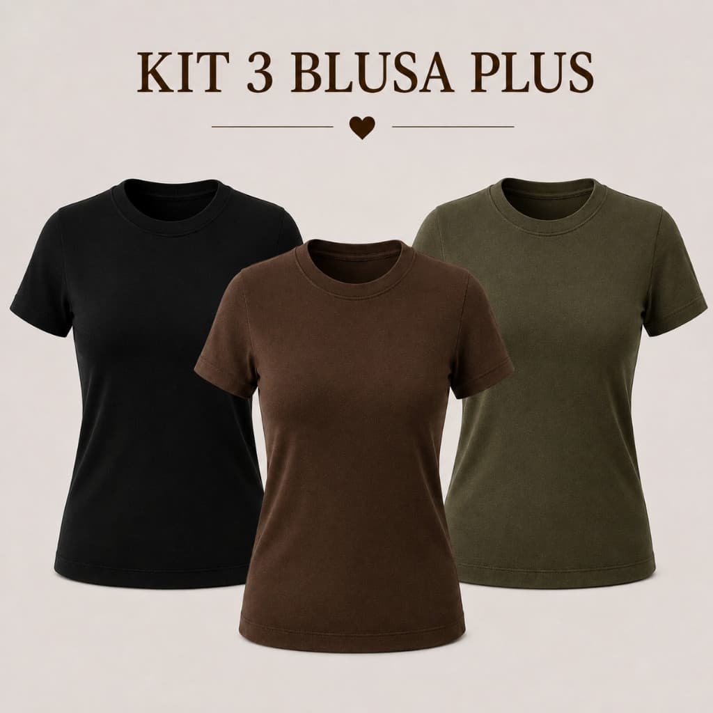 Kit 3 Blusas Feminina Plus Size G1 ao G3 Manga Curta Ribana Básica Casual T Shirt Camiseta Tee P005
