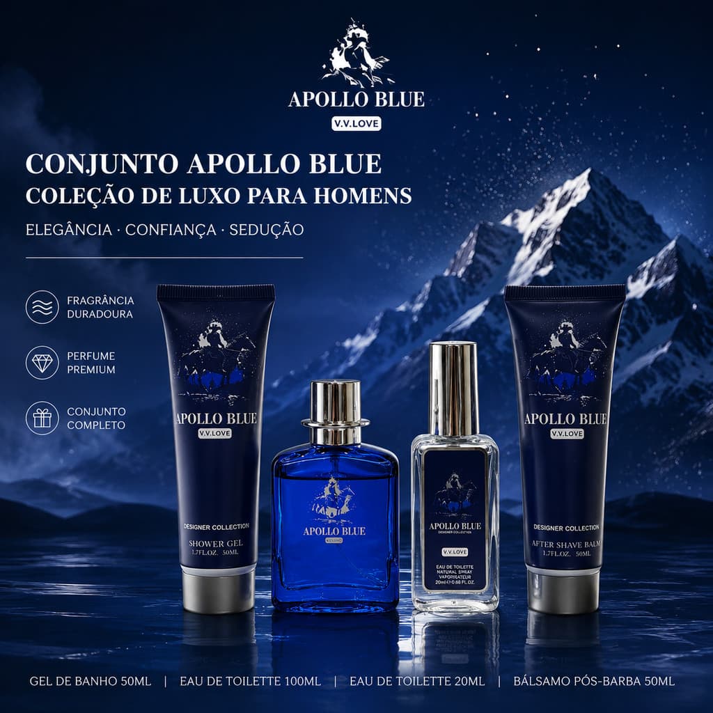 Kit Perfume Masculino Apollo Blue V.V.Love 4 Peças | Perfume + Mini Perfume + Gel de Banho + Bálsamo Pós-Barba