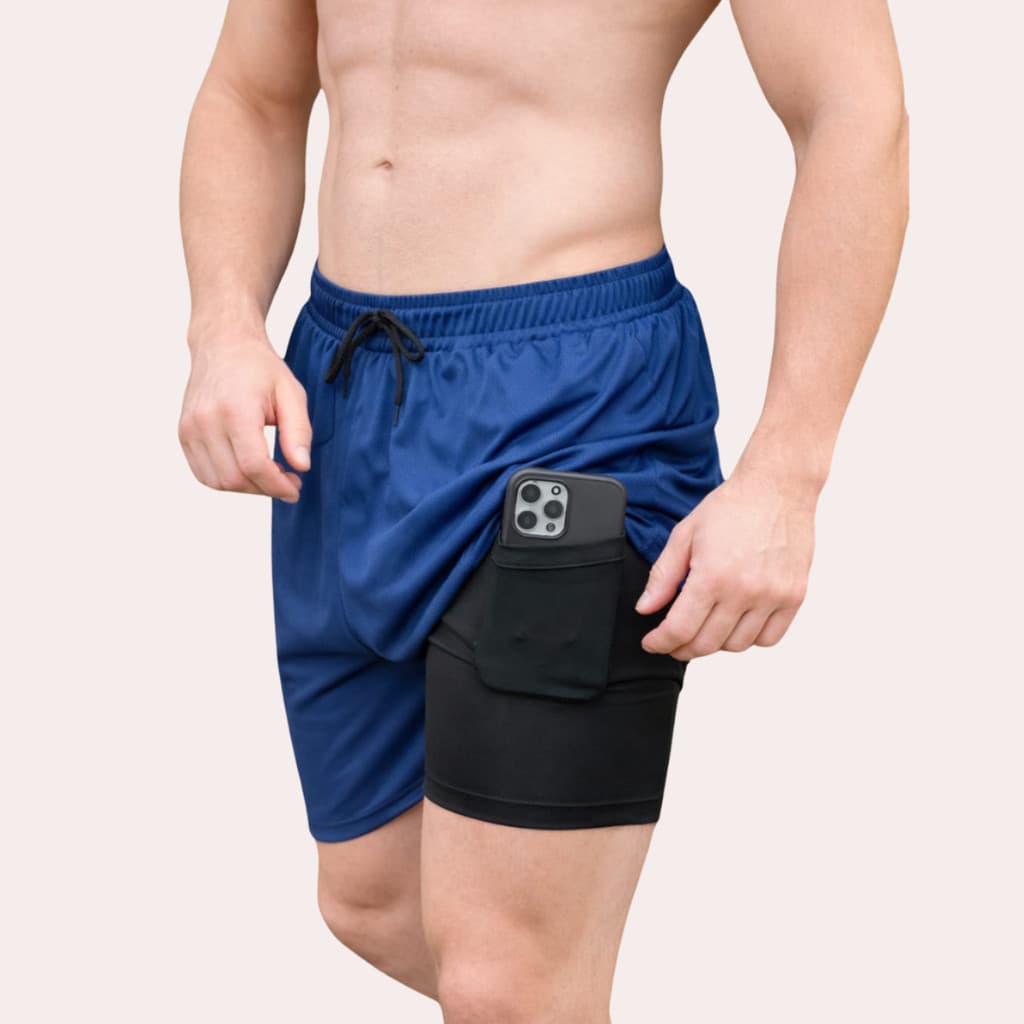 Short 2 Em 1 Masculino Bolso Interno Celular Compressão Bermuda Dry Fit Treino Corrida Fitness Marinho GG