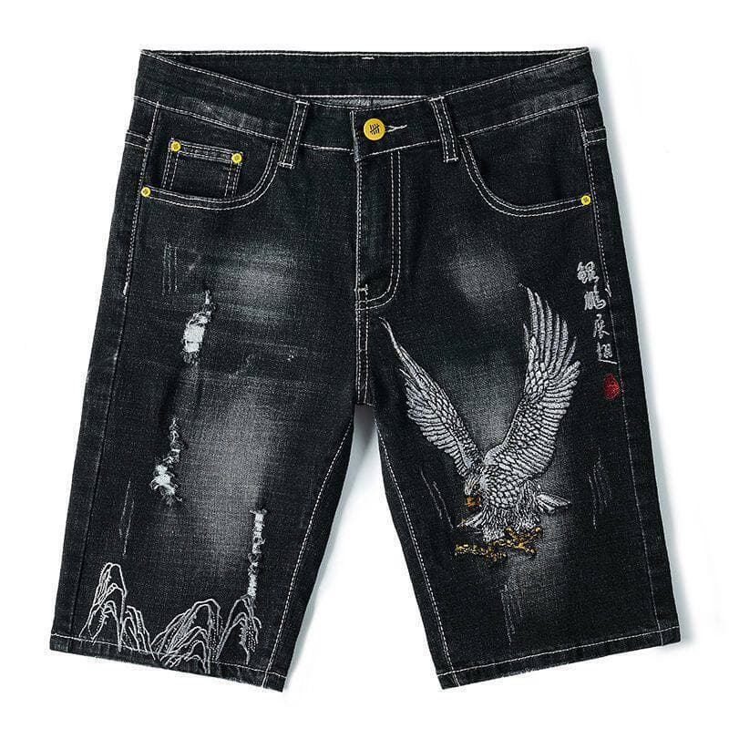 Verão estilo fino bordado Denim Shorts masculino estiramento rua Wear fino-ajuste na moda rasgado 2026 novo estilo F