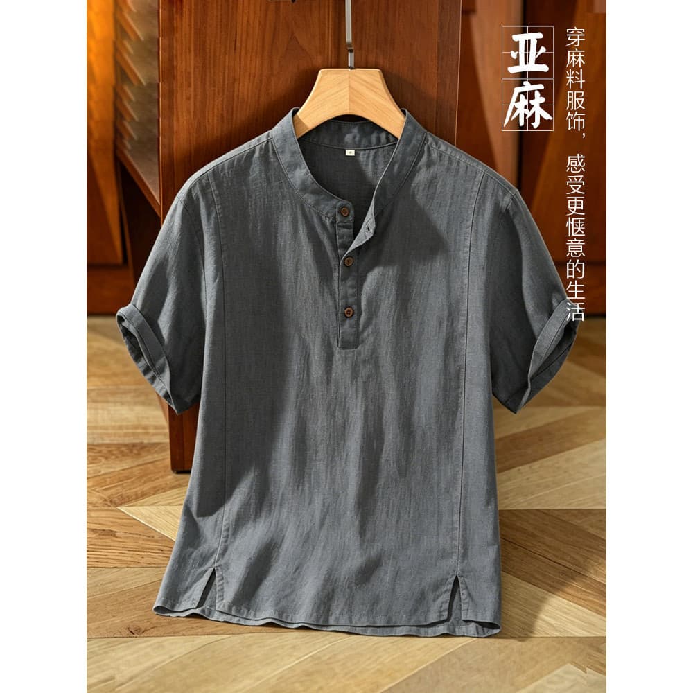 High-End verão camisa de linho fino masculino de manga curta camiseta Casual estilo chinês gola alta camisa masculina al