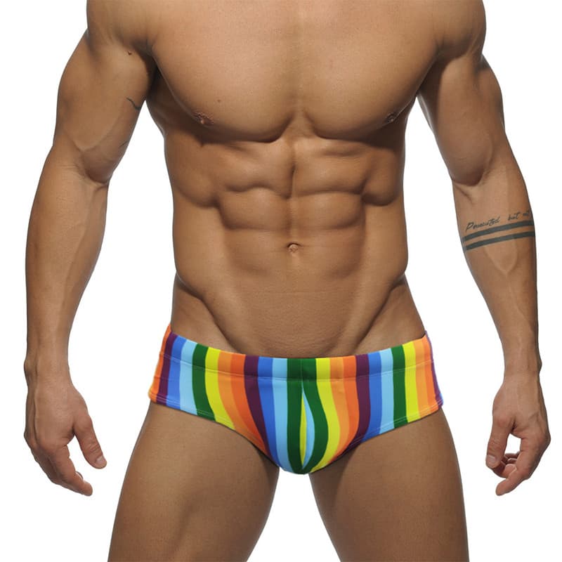 UXH Cuecas de banho masculinas com listras coloridas arco-íris, Shorts masculinos da moda, modelo de praia, equipamento