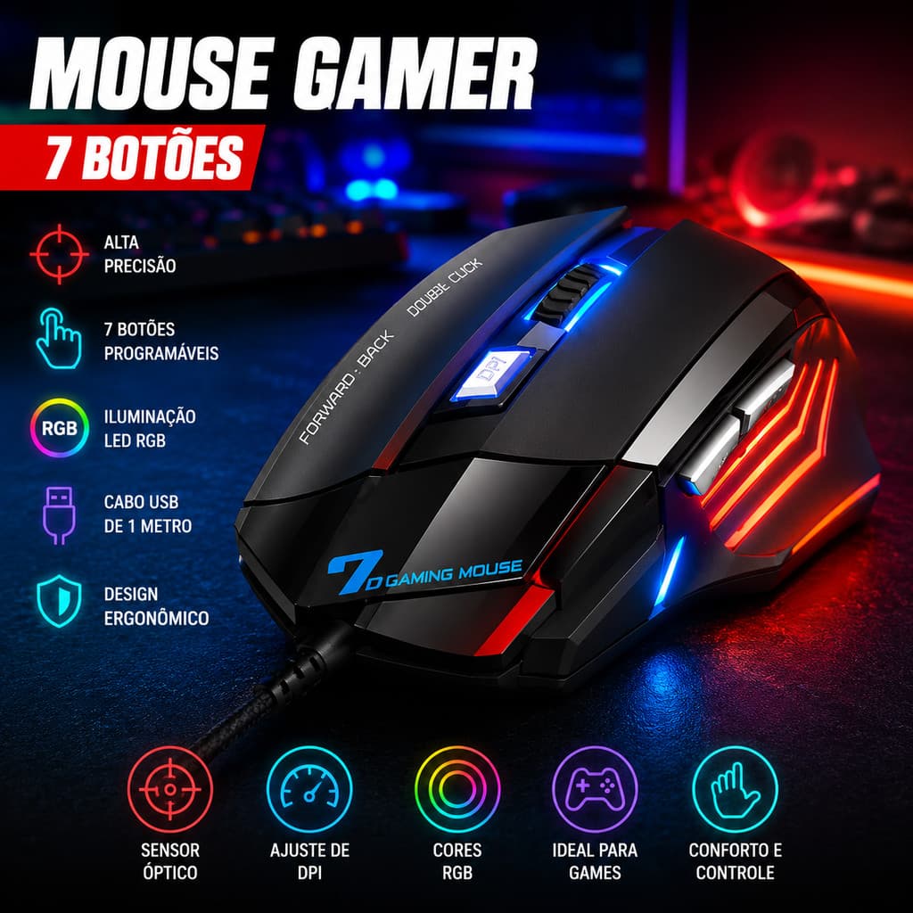 Mouse Gamer USB com 7 Botoes 2400dpi Led Ergonomico