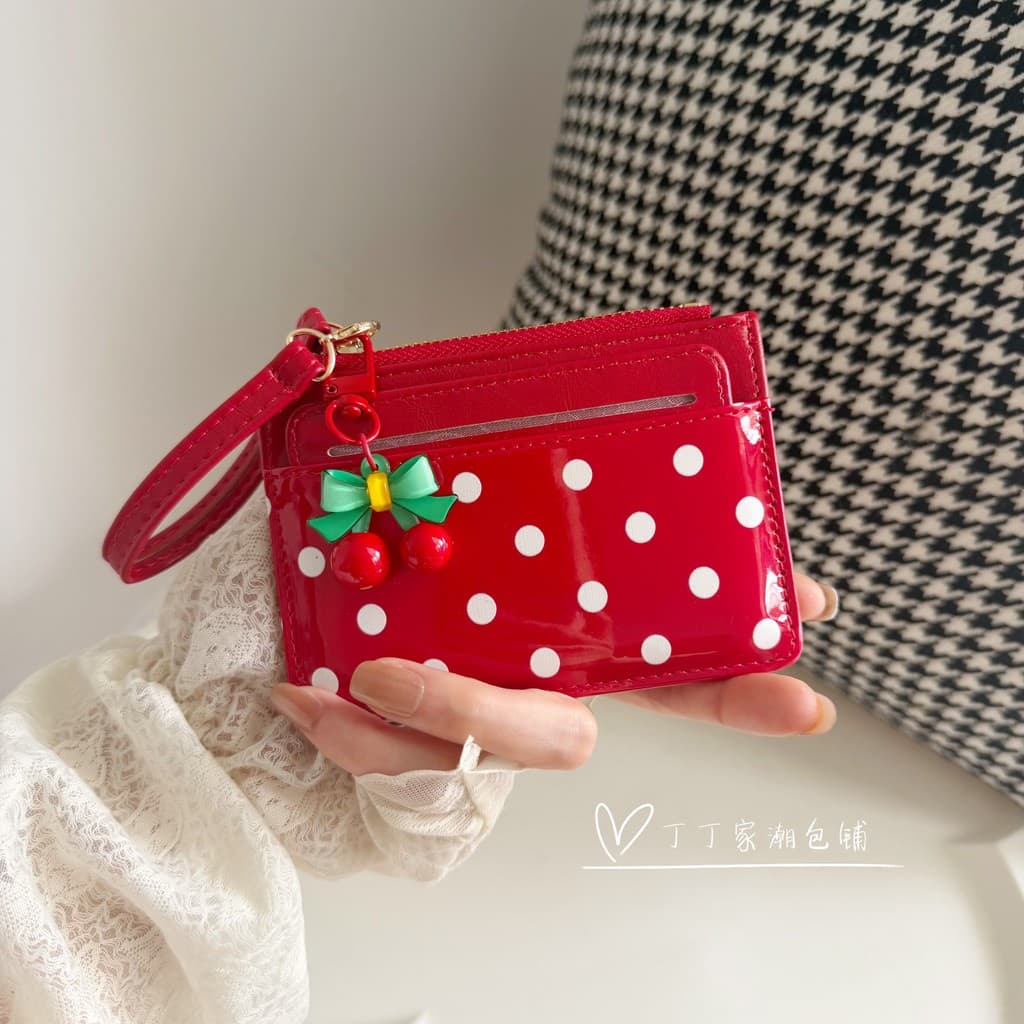 carteira carteira feminina pequena Polka Dot cereja bonito mini carteira estudante do sexo feminino Ultra-fino mini curt