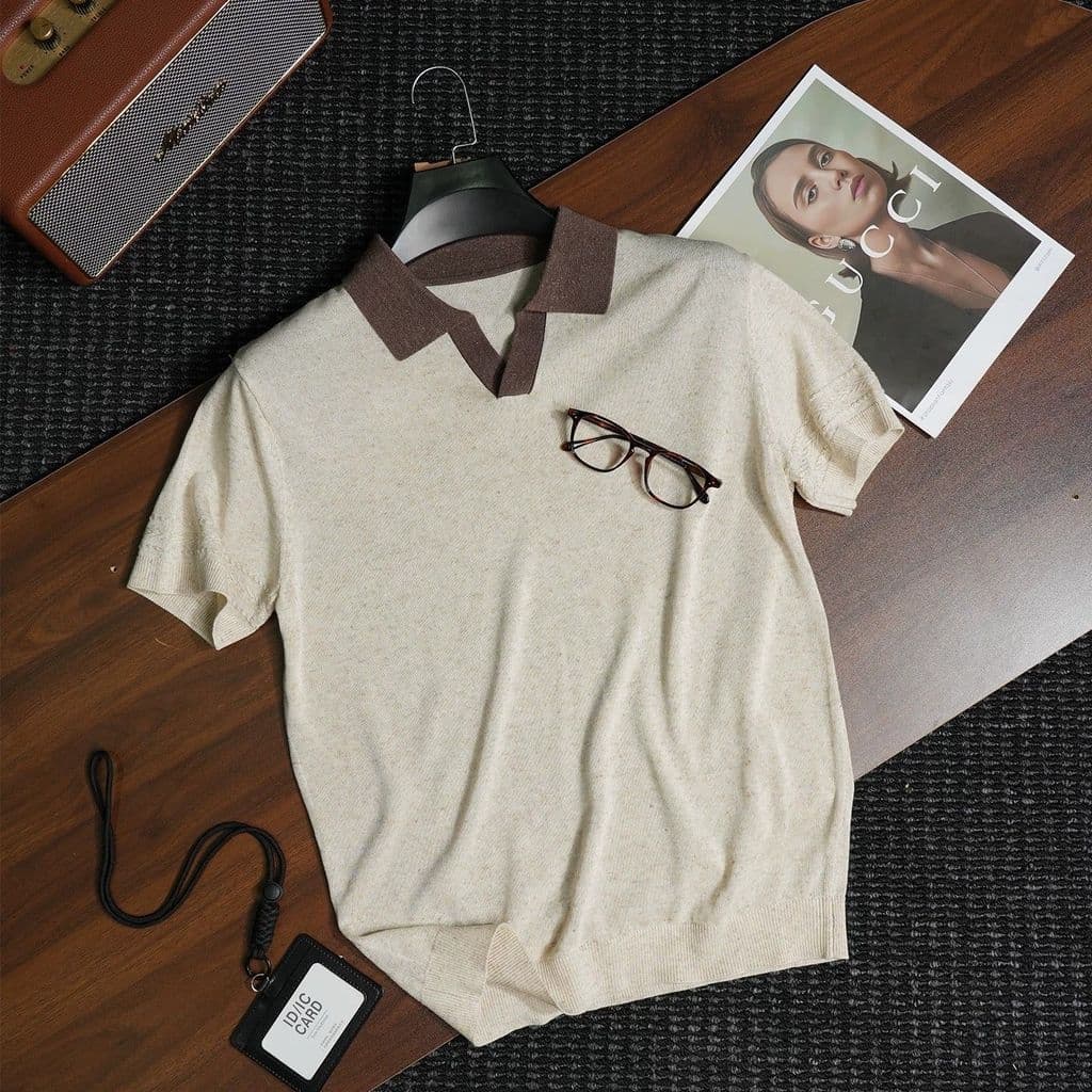 Camisa POLO de malha de linho estilo dinheiro antigo Lyocell verão novo estilo gola gaivota contraste cor Casual camiset