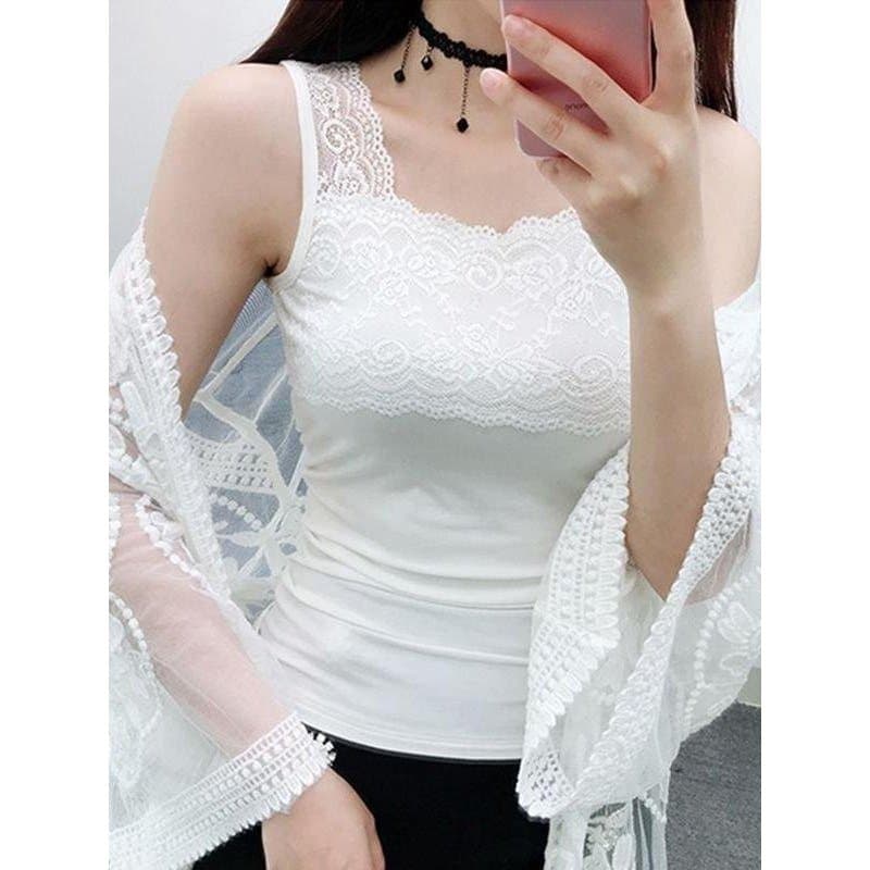 Camisola de renda feminina estilo fino 2025 roupa interior exterior sem mangas ajuste fino sem mangas pescoço quadrado b