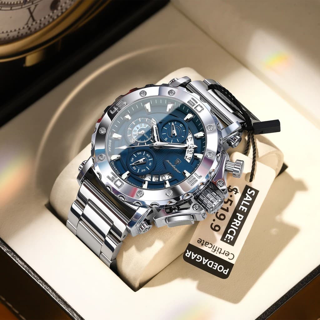 POEDAGAR Novo Negócio De Luxo Pulseira Aço Inoxidável Montre Homme Luminoso À Prova Dwaterproof Água Cronógrafo Relógio