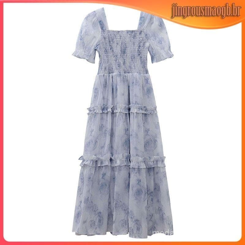Vestido Floral Feminino com Decote Quadrado, Novo Estilo Casual de Verão, Longo com Babados na Cintura YAL0