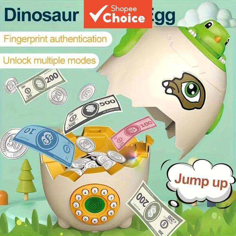 Cofre de Dinossauro em Formato de Ovo com Desbloqueio por Senha e Impressão Digital, Função Musical e Histórias –
