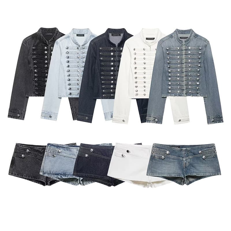 Conjunto Feminino de Duas Peças em Jeans Feito à Mão, Jaqueta de Jeans Ajustada e Shorts de Jeans Combinando, Roupa Casu
