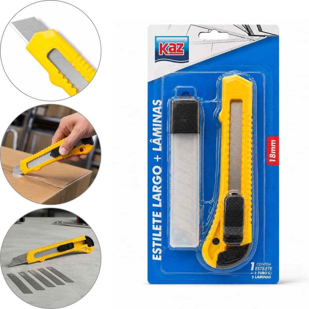 Estilete 18mm Profissional Lamina Aço Refil 5 Lâminas Cortador Papel Papelão Trava Segurança Deslizante
