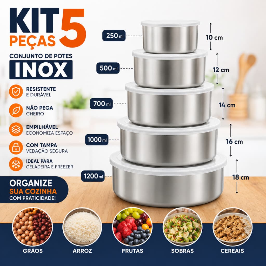 trc7098 Kit 5 Potes Inox Com Tampa Redondo Porta Alimentos Cozinha Organizador Cozinha
