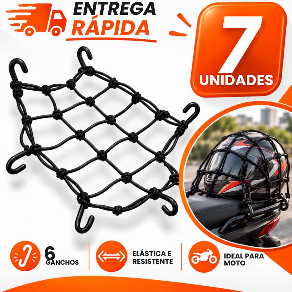 Kit Rede Aranha Elástico 6 Ganchos Redinha Para Moto Alta Resistencia Sustentação Bagageiro Capacete Carga 30x30cm