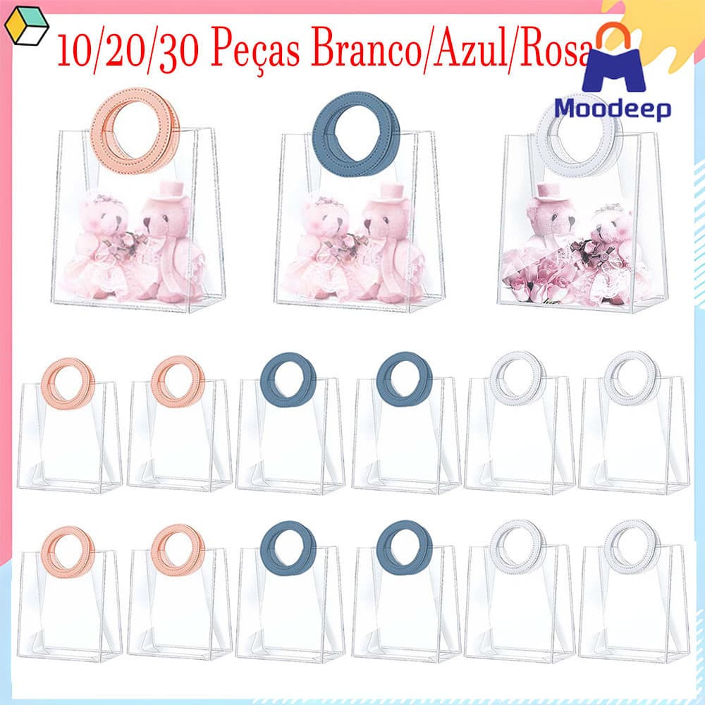 16 x 8 x 18 cm, 10/20/30 Peça sacolas plásticas transparentes com alça redondas para casamento, aniversário, chá de bebê