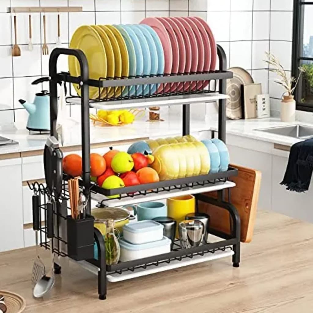 ✨ Escorredor De Louça 3 Andares Inox Organizador De Pia Cozinha Grande Resistente Economia De Espaço