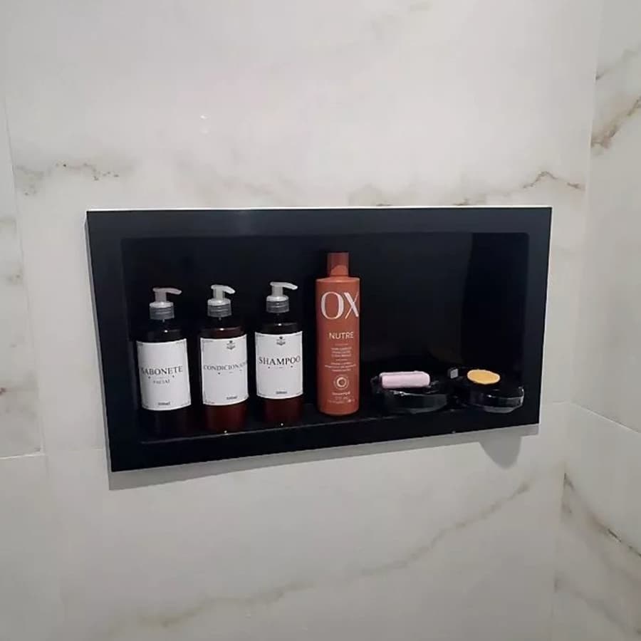 Nicho para Banheiro Prateleira com borda Embutir 33x63 Suporte shampoo - Preto