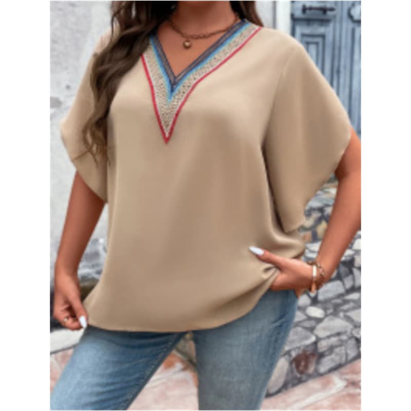 XL-4XL Blusa Feminina De Verão , tops Femininos , Tecido Contrastante , Costura