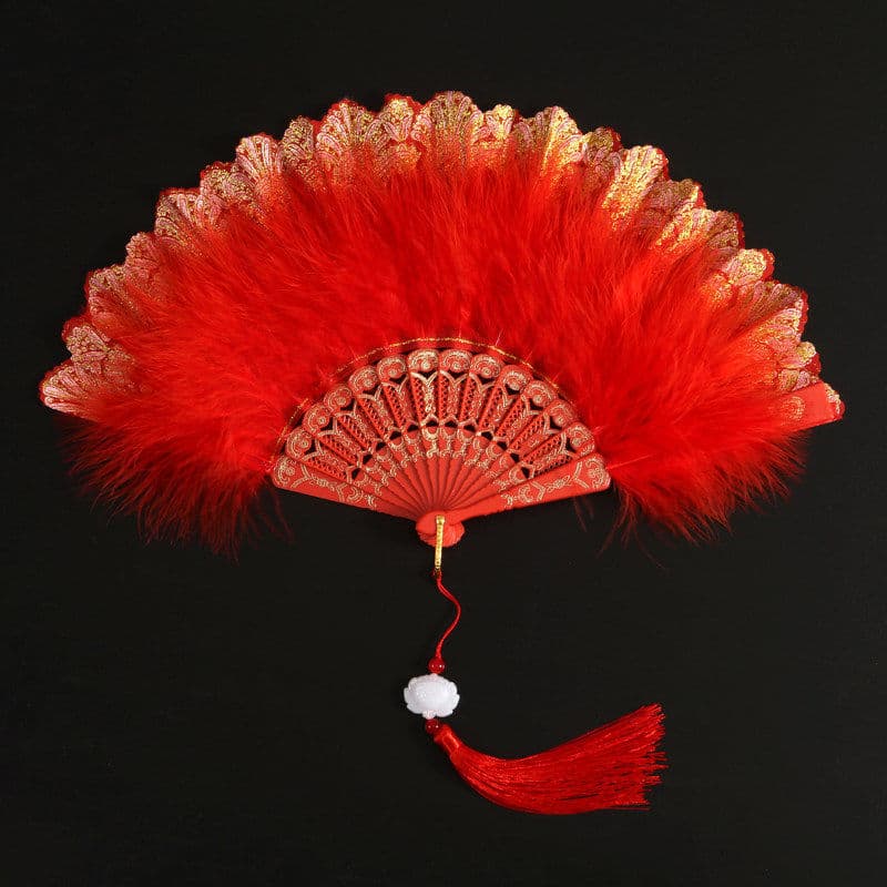 Leque de penas Lolita de renda dança Cheongsam passarela leque dobrável influenciador retrô Hanfu nostálgico leque