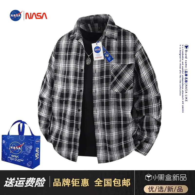 NASA Co-Branded xadrez camisa de manga comprida masculina primavera outono Street Wear estilo Hong Kong solto camisa Cas