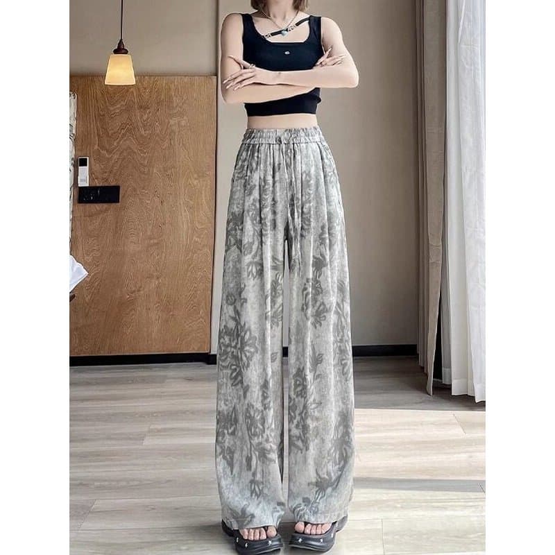 Primavera verão gelo seda Chiffon calças de perna larga cortina feminina versão coreana mais magro olhar impresso calças