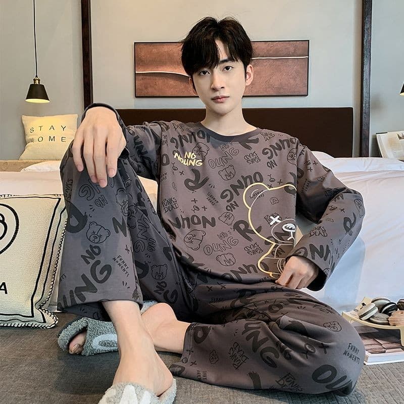 Juventude masculina primavera outono solto versão coreana dos desenhos animados tamanho grande pijamas de manga comprida