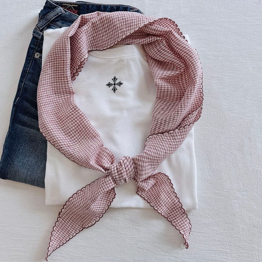 Puro algodão borda curva pequena xadrez diamante cachecol feminino fresco estilo Mori macio respirável lenço literário p