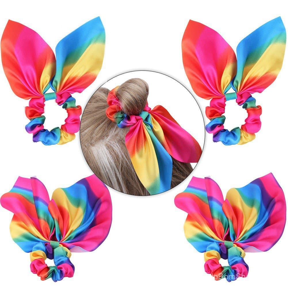 Elástico de cabelo criativo com orelhas de coelho e fita de tecido com nós, simples e elegante, com franjas e cores do a