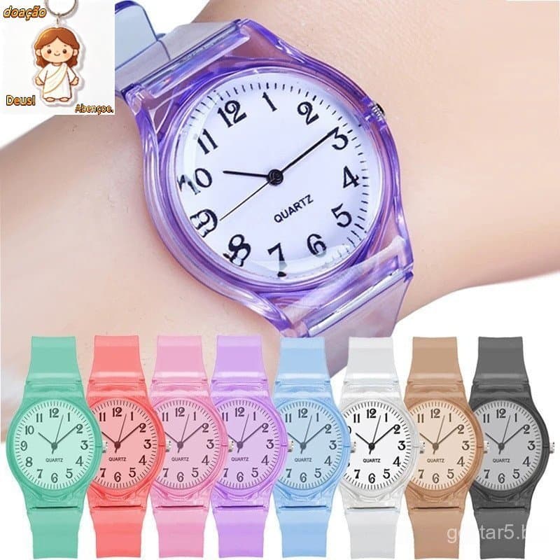 Relógio de Quartzo Transparente para Mulheres, Relógio de Silicone para Meninas, Fofo, Colorido, Casual