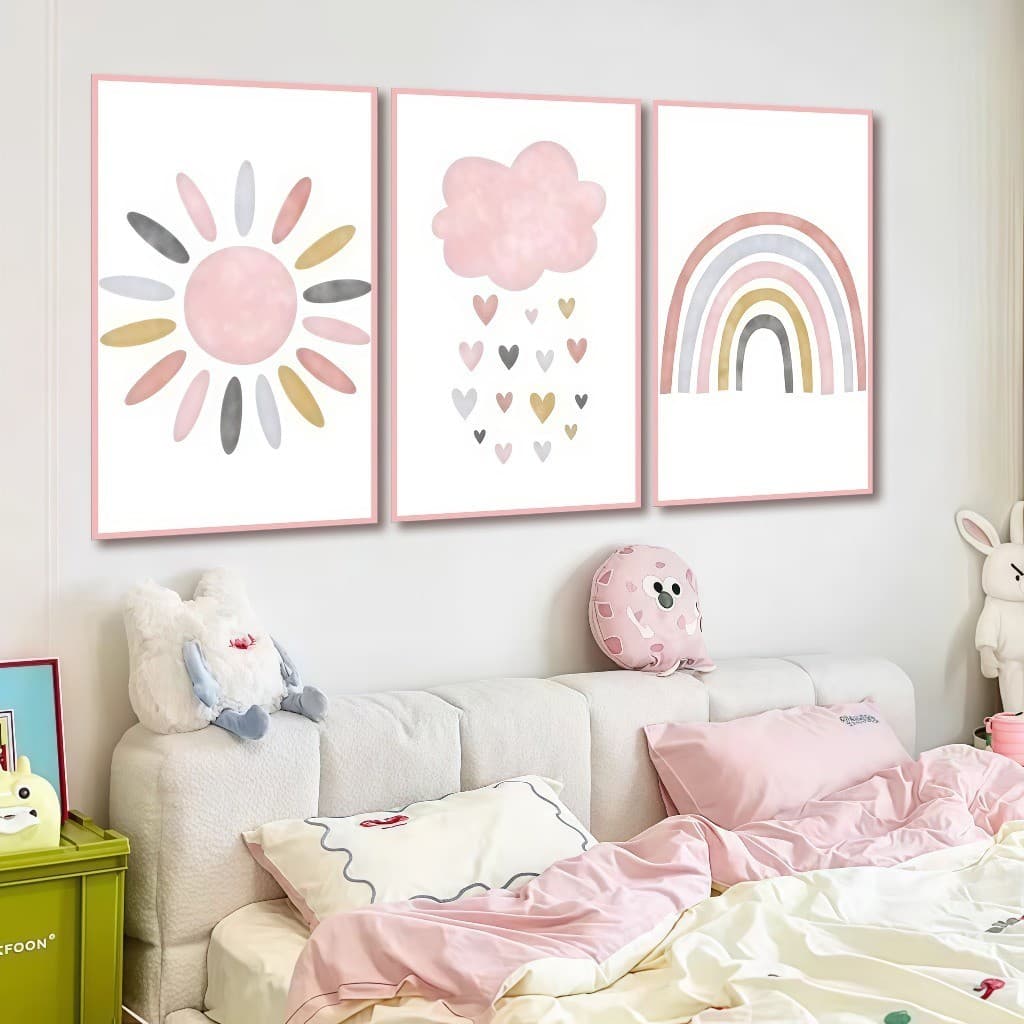 Kit 3 Quadro Decorativo Sol Nuvens E Arco-íris Coloridos Com Quadros Decorativos Para Quarto Infanti Infantil Decoracao