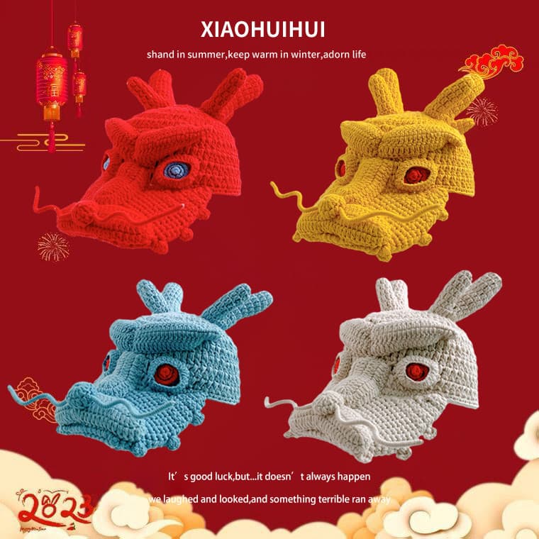 Original estilo chinês artesanal crochê cabeça de dragão chapéu ano do dragão Benming ano criativo engraçado boné de pic