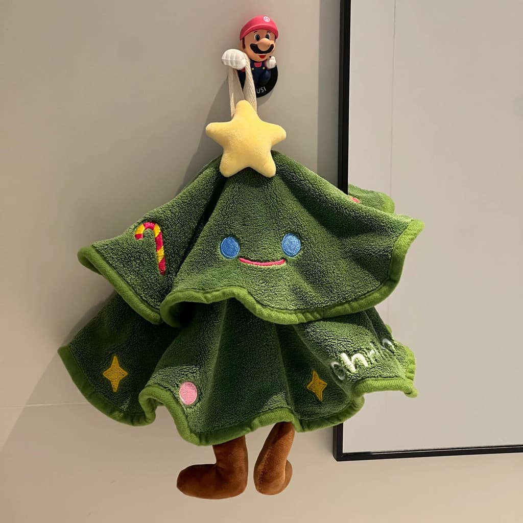Árvore de natal toalha de mão pendurável novo estilo pano de cozinha engrossado Coral velo absorvente bordado dupla cama