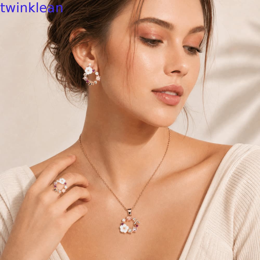 TWINKLEAN 4 Pçs/Set Zircão Colar Anel Brincos Conjunto , Elegante De Jóias De Ouro Rosa Inspirado Em Pétala