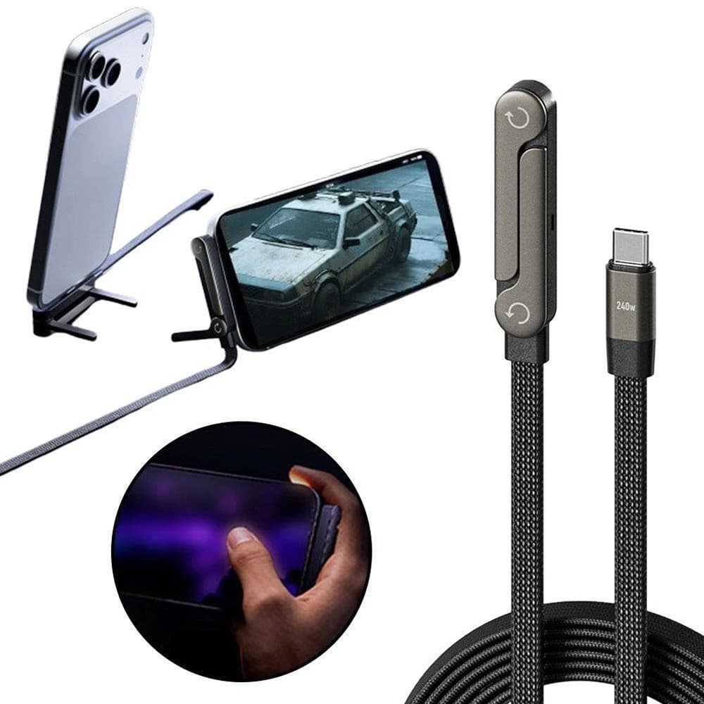 Suporte Dobrável 180° Celular + Cabo PD Nylon 240W Carregamento Rápido e Sincronização de Dados