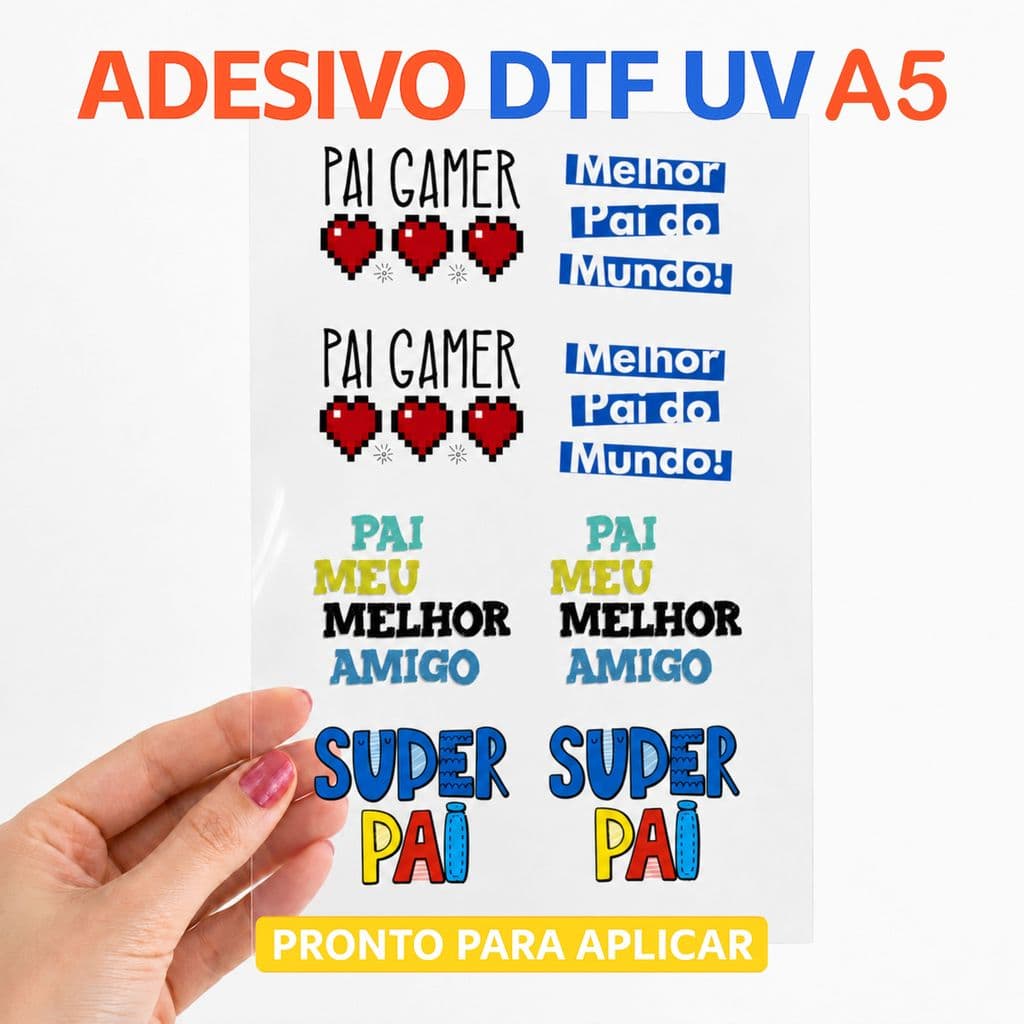 Cartela de Adesivos DTF UV A5 Dia dos Pais, Frases Pai, Amor, Família, Para Canecas, Copos, Garrafas e Presentes