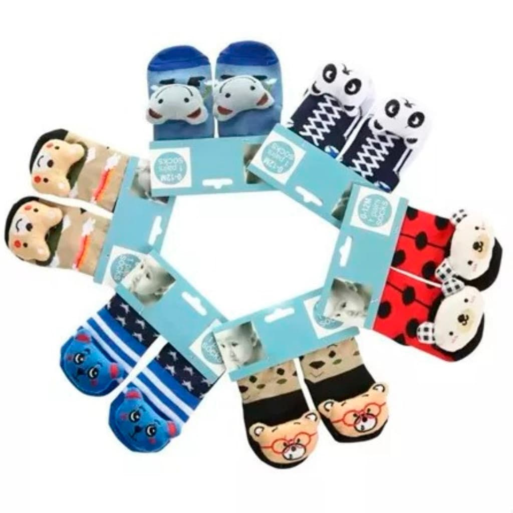Kit 2, 4 ou 6 Pares Meia Infantil Bebê Pantufa 3D Bichinho Antiderrapante RN Menino Menina