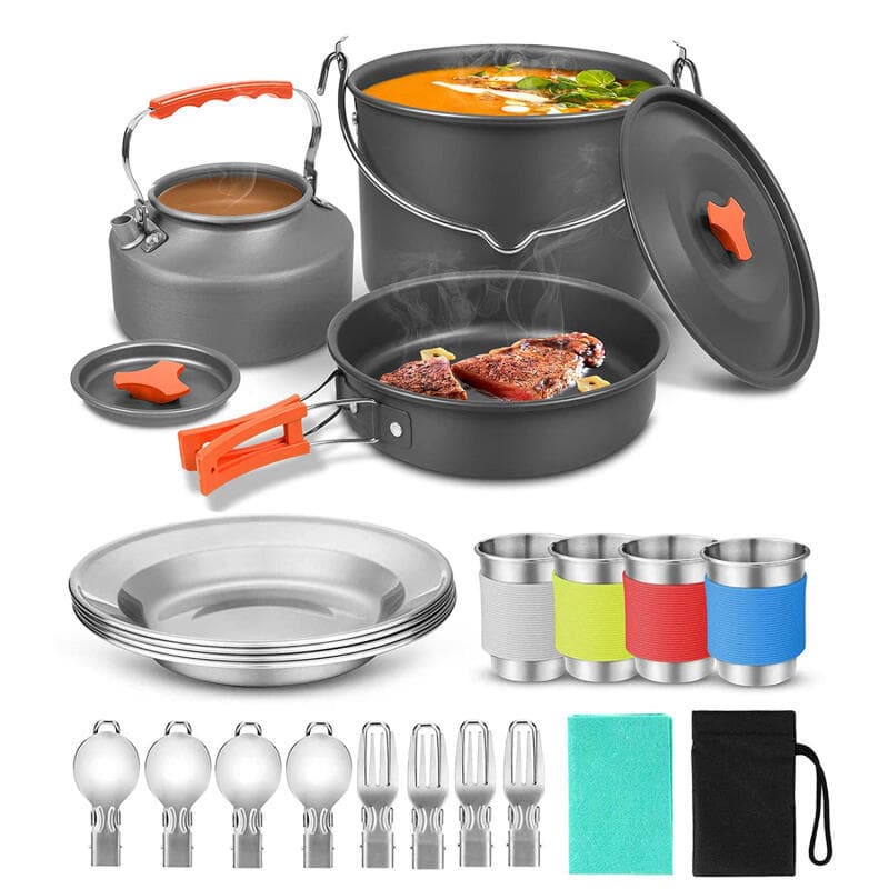22 Pçs Panelas De Acampamento Kit Bagunça Antiaderente Leve Panela Chaleira Pratos Dobráveis Copo De Aço Inoxidável Colh
