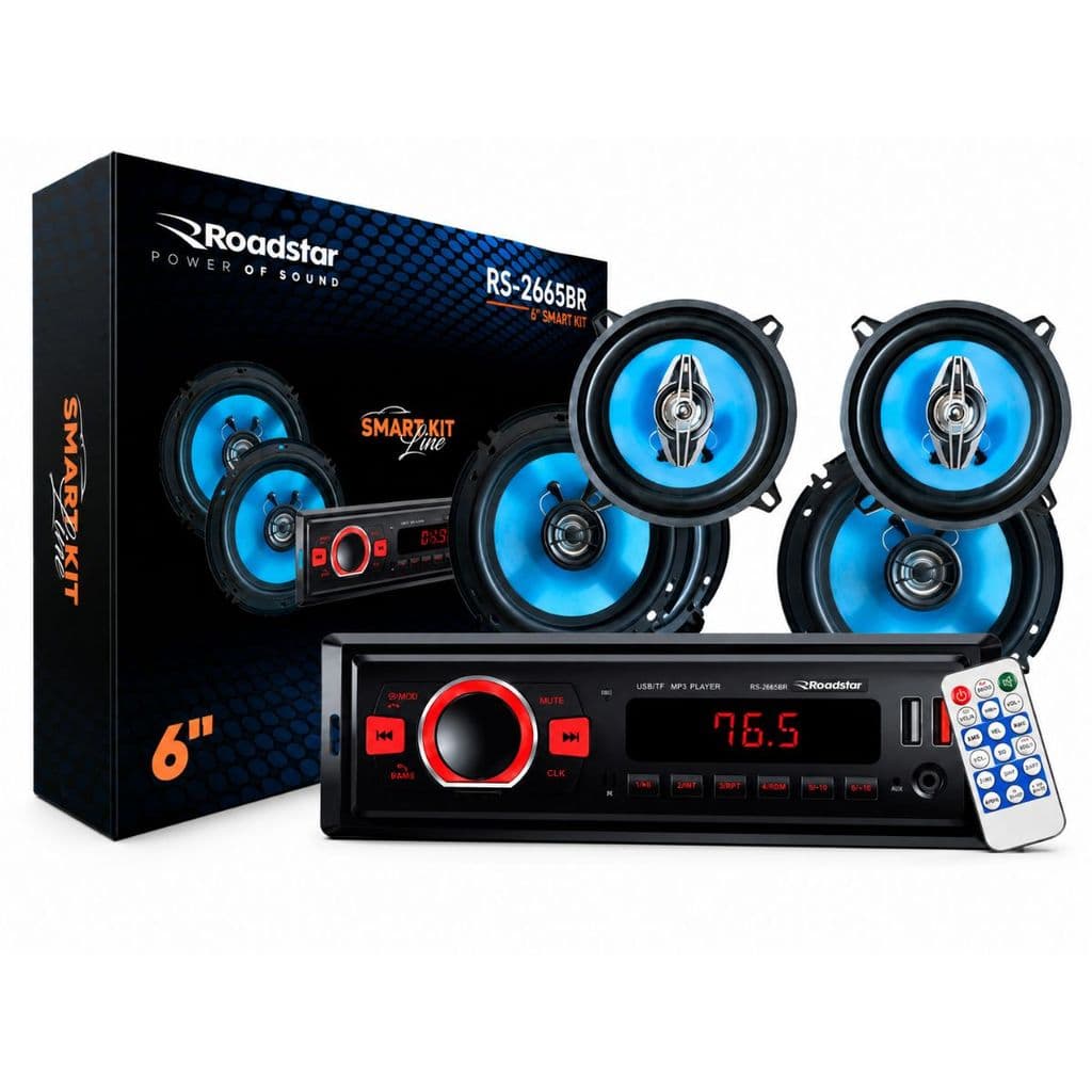 Kit Roadstar Auto Rádio Bluetooth com 1 Par de Alto Falantes 6.5" e 1 Par de Alto Falantes 5"